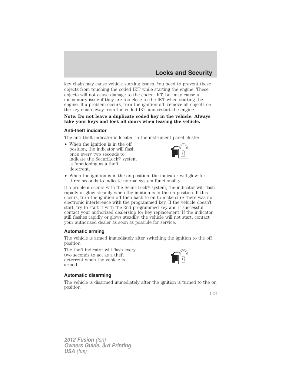 Anti-theft indicator, Automatic arming, Automatic disarming | Locks and security | FORD 2012 Fusion v.3 User Manual | Page 113 / 370