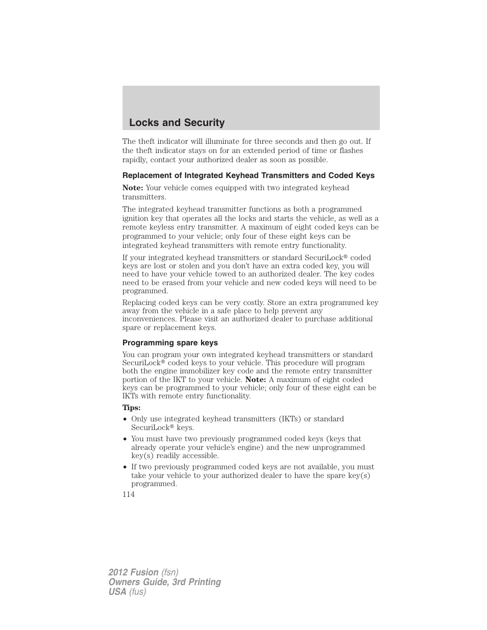 Programming spare keys, Locks and security | FORD 2012 Fusion v.3 User Manual | Page 114 / 370