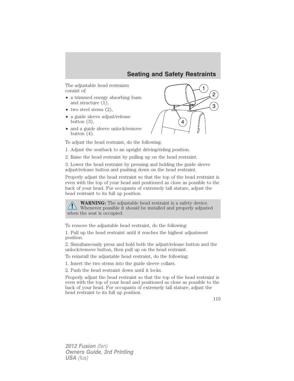 Seating and safety restraints | FORD 2012 Fusion v.3 User Manual | Page 119 / 370