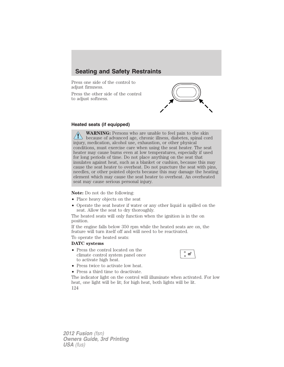 Heated seats (if equipped), Seating and safety restraints | FORD 2012 Fusion v.3 User Manual | Page 124 / 370