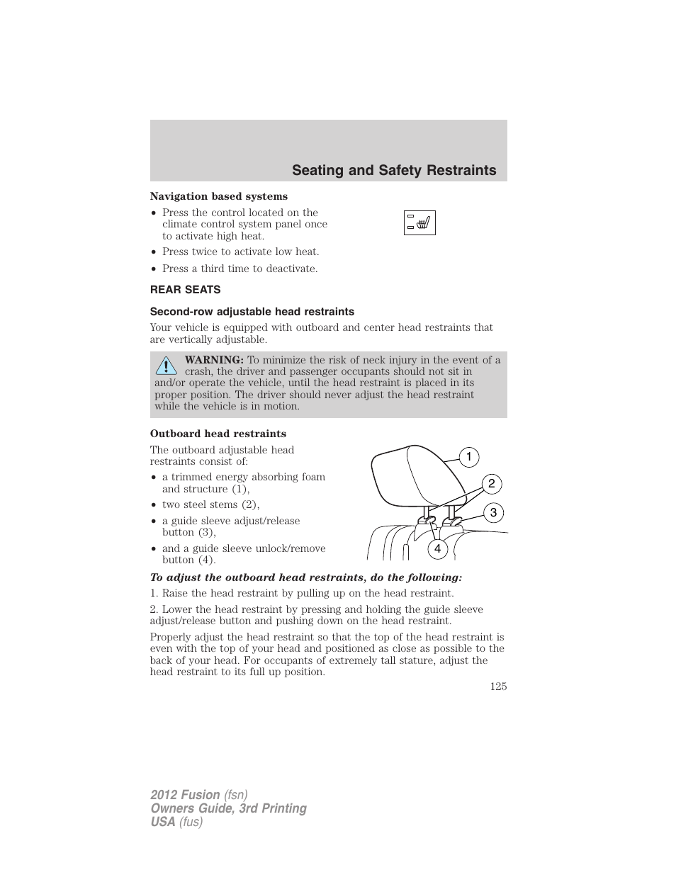 Rear seats, Second-row adjustable head restraints, Seating and safety restraints | FORD 2012 Fusion v.3 User Manual | Page 125 / 370
