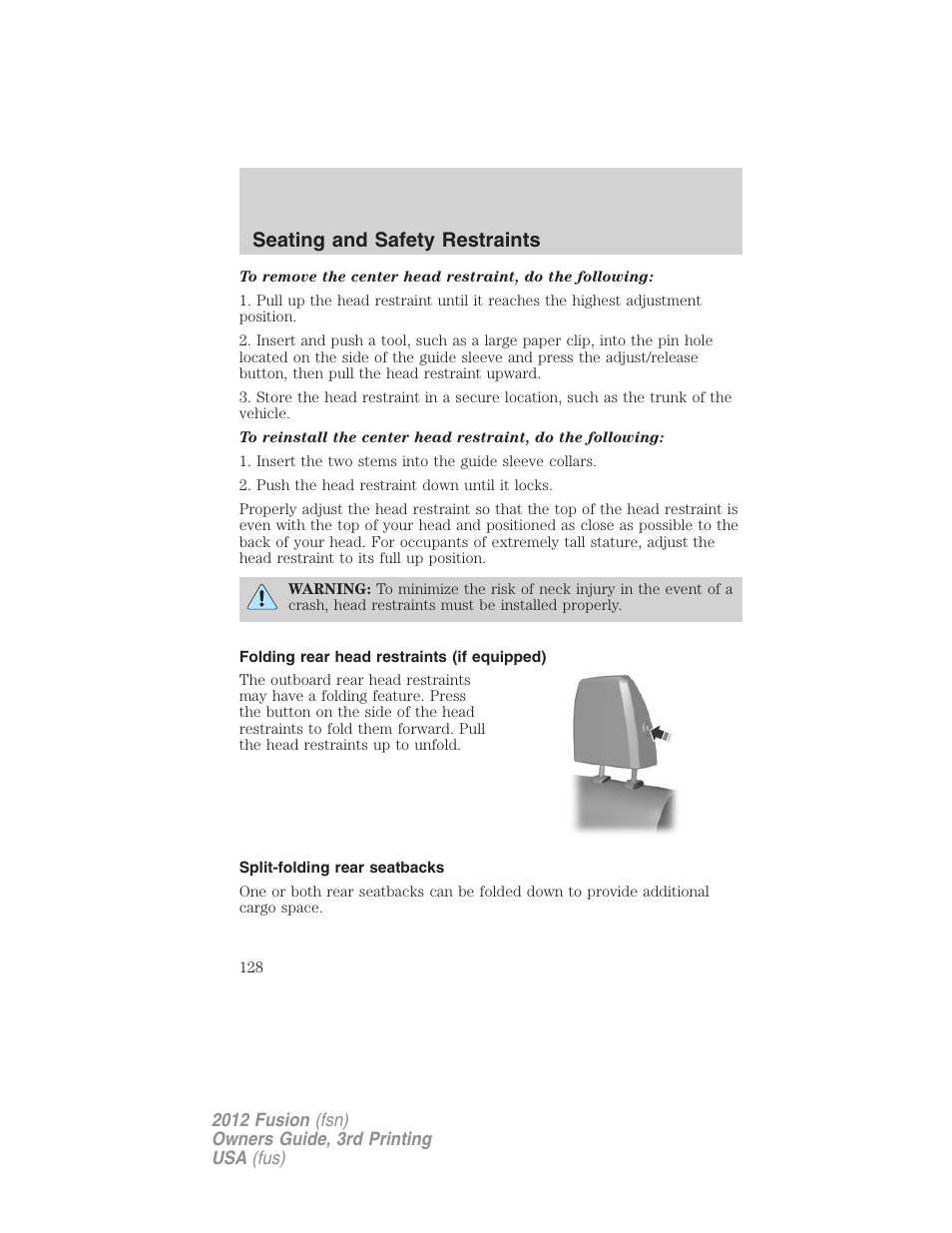 Folding rear head restraints (if equipped), Split-folding rear seatbacks, Seating and safety restraints | FORD 2012 Fusion v.3 User Manual | Page 128 / 370