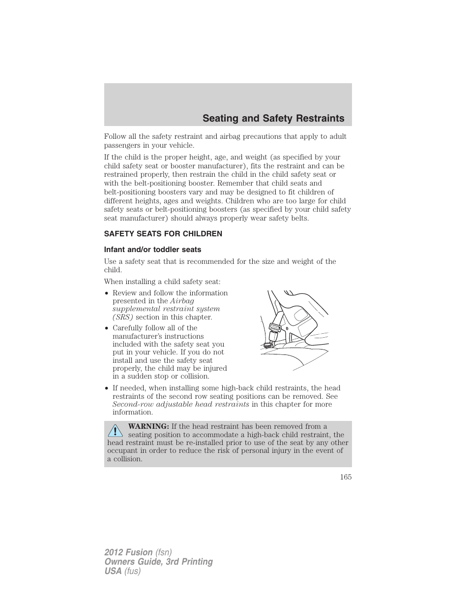Safety seats for children, Infant and/or toddler seats, Seating and safety restraints | FORD 2012 Fusion v.3 User Manual | Page 165 / 370