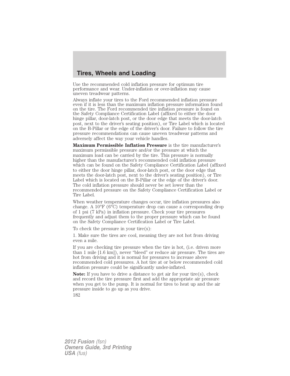 Tires, wheels and loading | FORD 2012 Fusion v.3 User Manual | Page 182 / 370