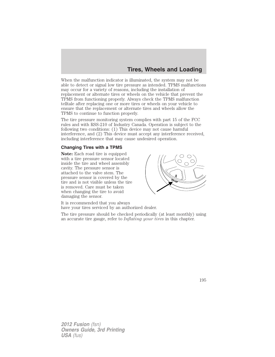 Changing tires with a tpms, Tires, wheels and loading | FORD 2012 Fusion v.3 User Manual | Page 195 / 370