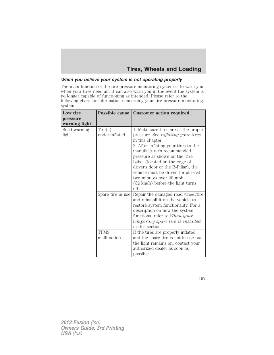Tires, wheels and loading | FORD 2012 Fusion v.3 User Manual | Page 197 / 370