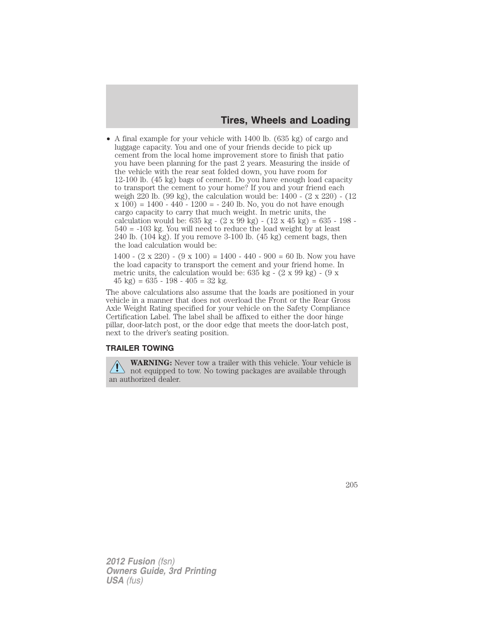 Trailer towing, Tires, wheels and loading | FORD 2012 Fusion v.3 User Manual | Page 205 / 370
