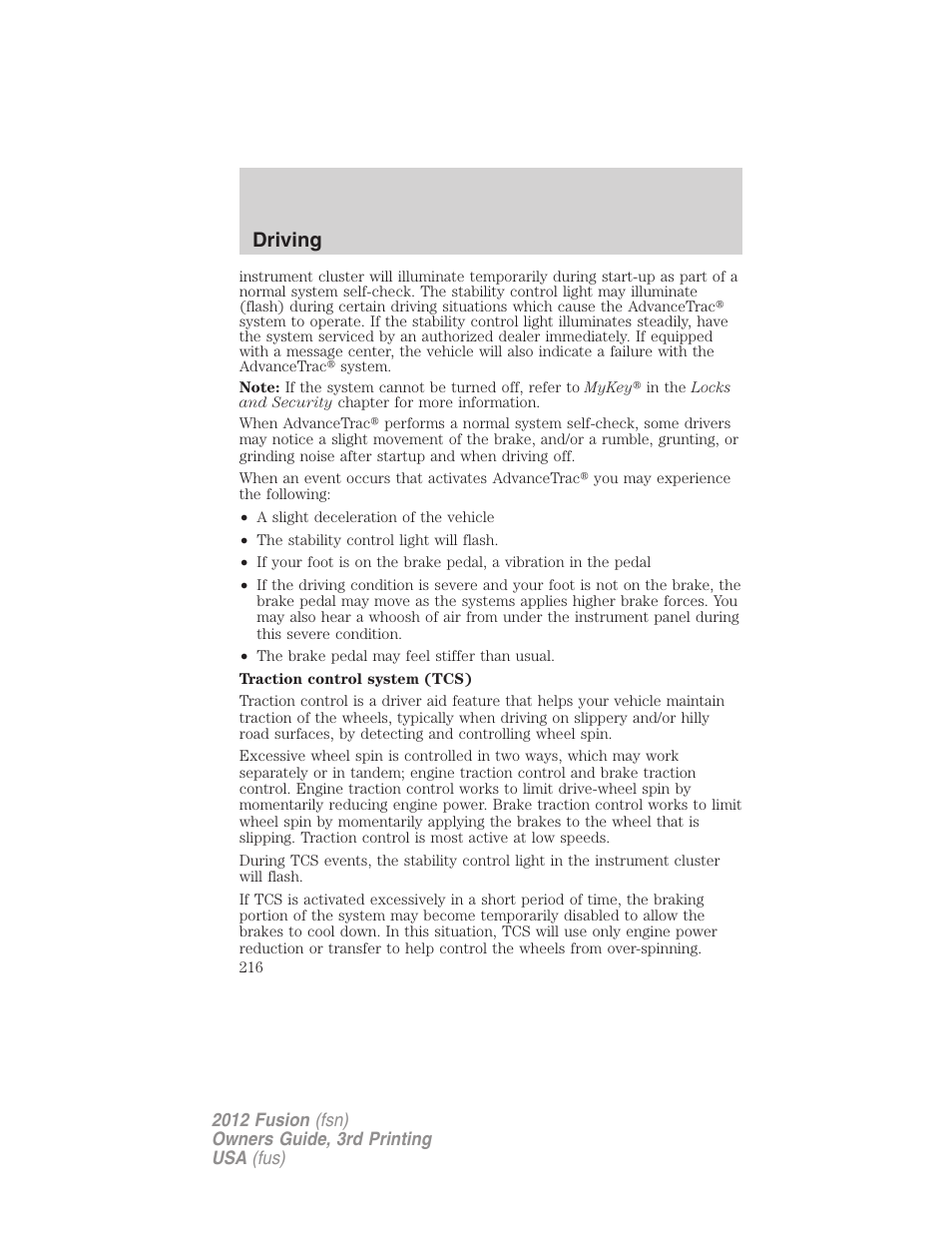 Driving | FORD 2012 Fusion v.3 User Manual | Page 216 / 370