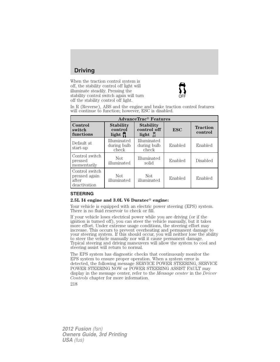Steering, Driving | FORD 2012 Fusion v.3 User Manual | Page 218 / 370