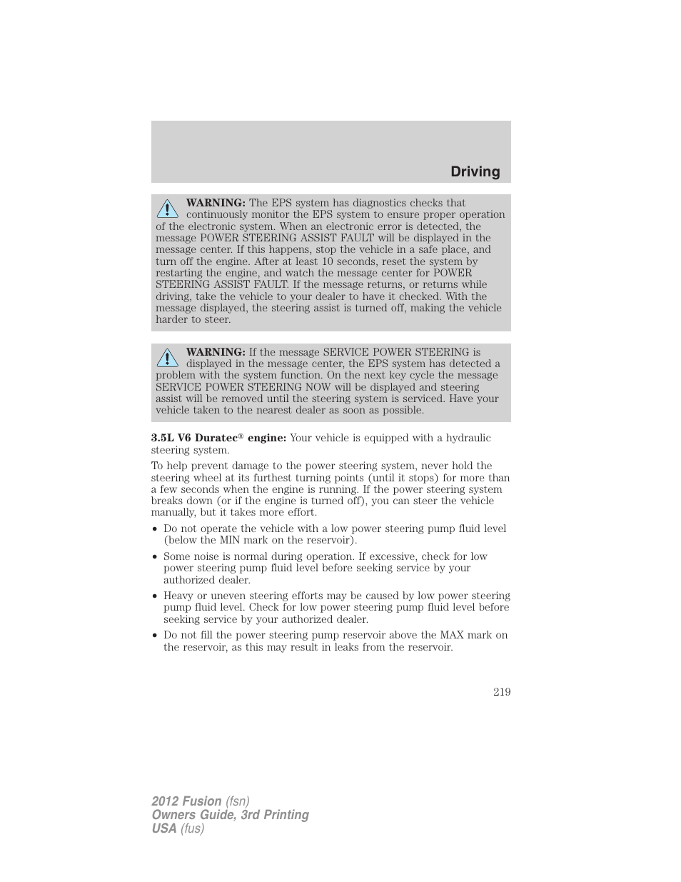 Driving | FORD 2012 Fusion v.3 User Manual | Page 219 / 370