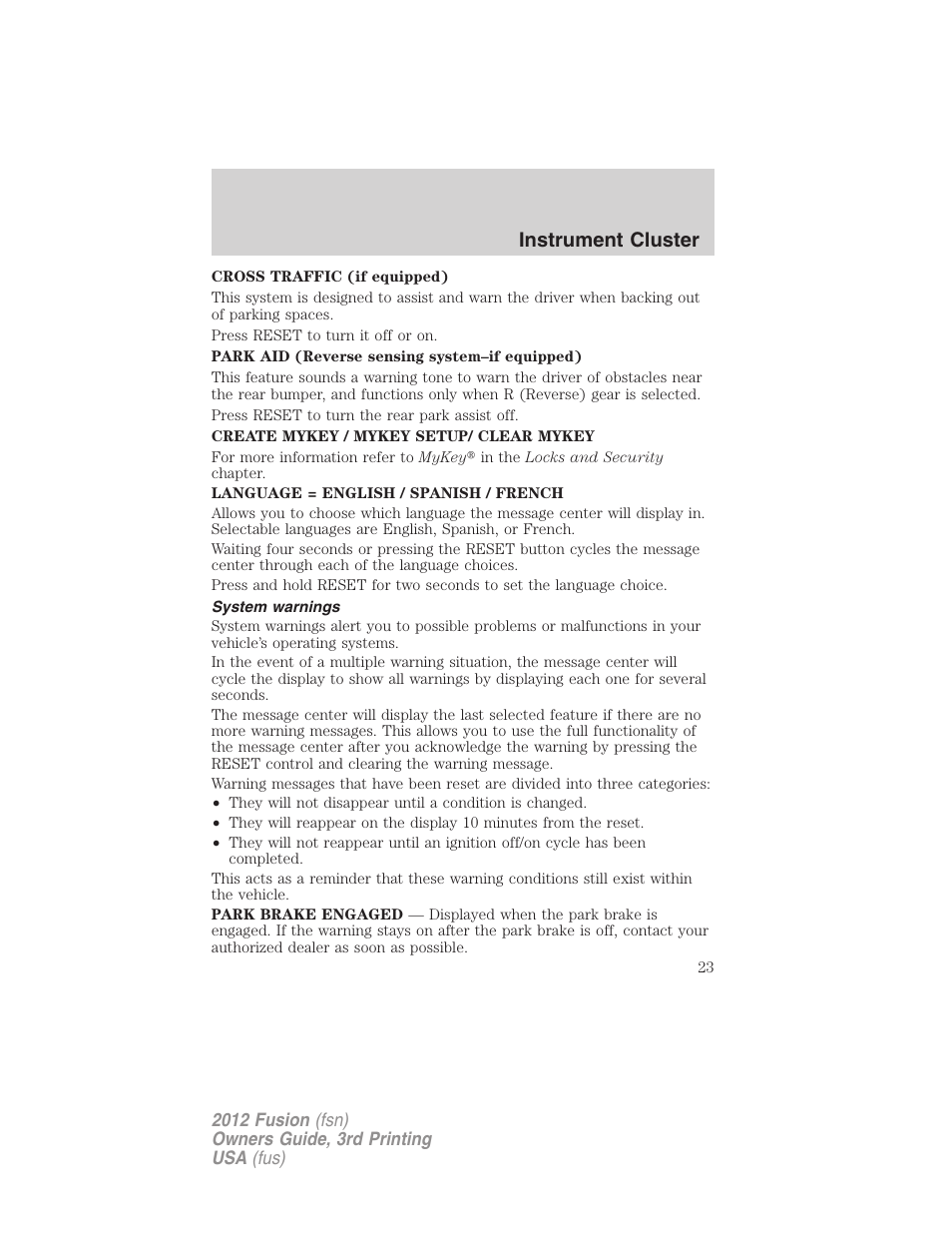 System warnings, Instrument cluster | FORD 2012 Fusion v.3 User Manual | Page 23 / 370