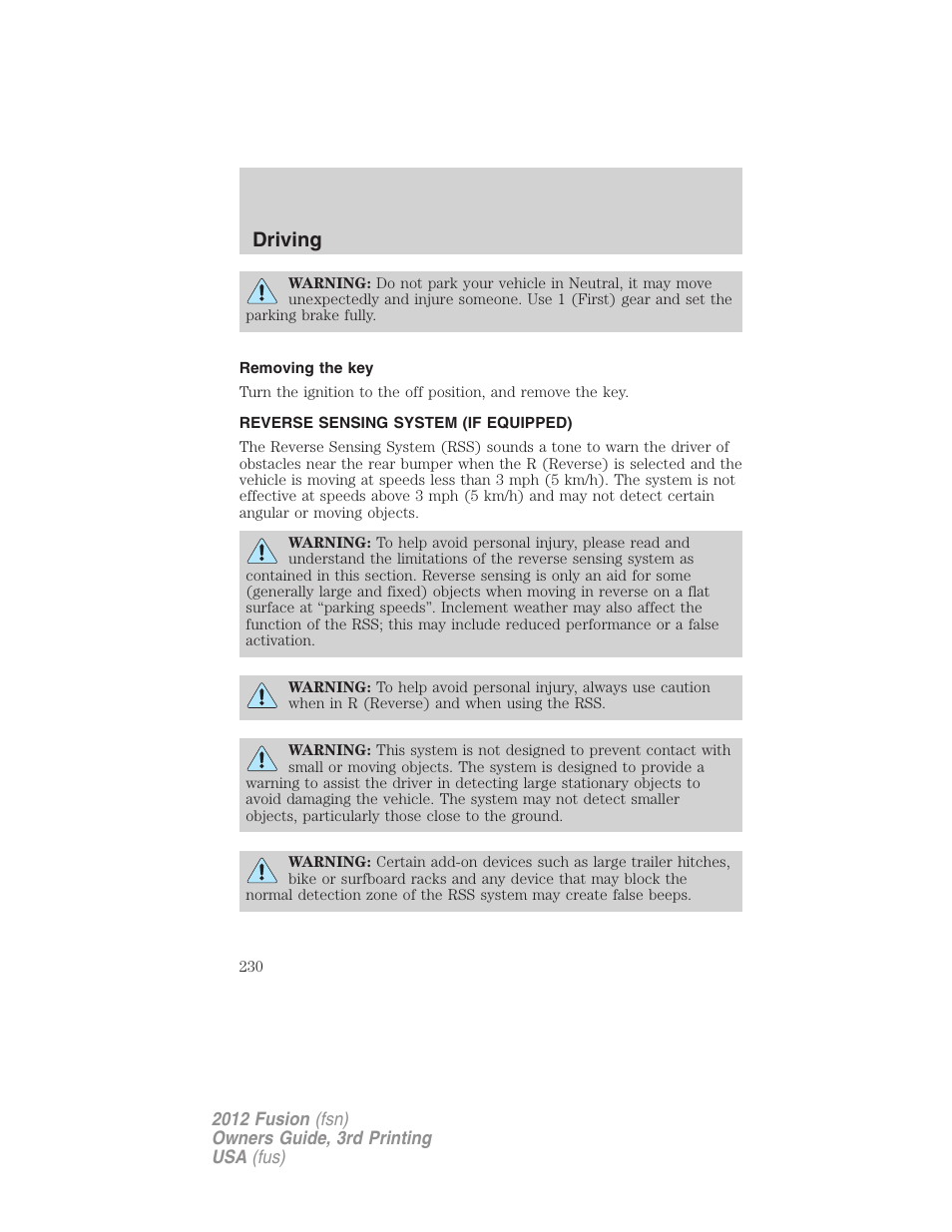 Removing the key, Reverse sensing system (if equipped), Reverse sensing system | Driving | FORD 2012 Fusion v.3 User Manual | Page 230 / 370