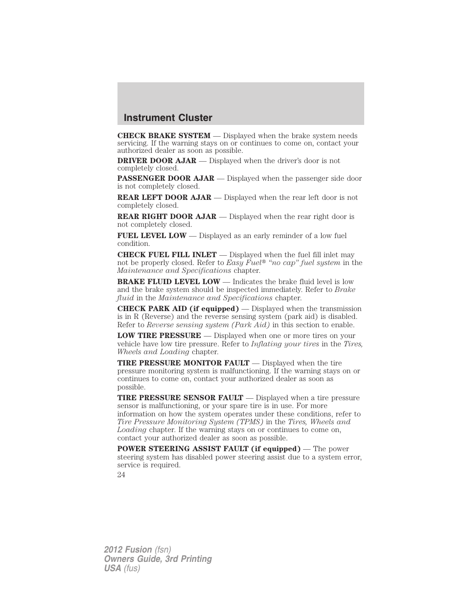 Instrument cluster | FORD 2012 Fusion v.3 User Manual | Page 24 / 370