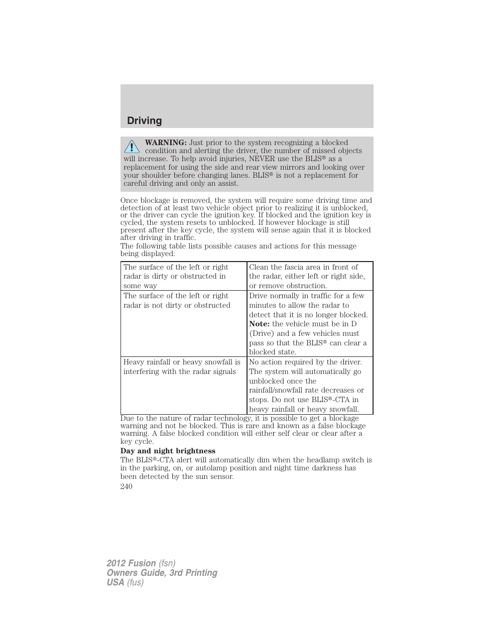 Driving | FORD 2012 Fusion v.3 User Manual | Page 240 / 370
