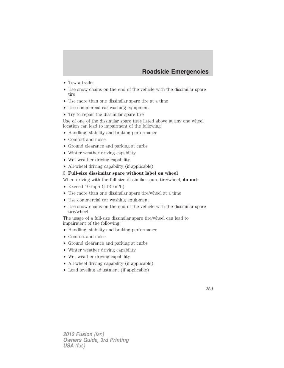 Roadside emergencies | FORD 2012 Fusion v.3 User Manual | Page 259 / 370