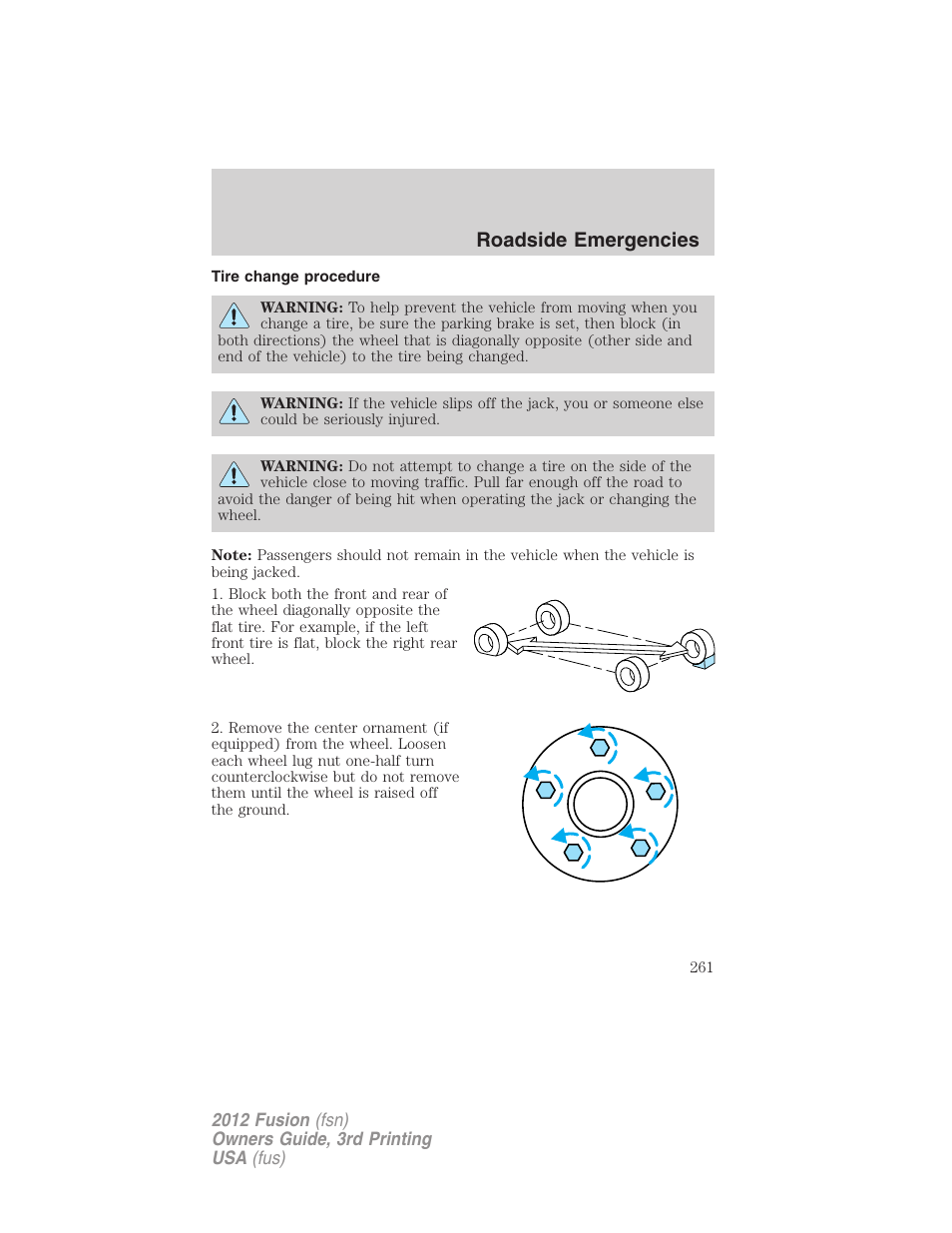 Tire change procedure, Roadside emergencies | FORD 2012 Fusion v.3 User Manual | Page 261 / 370