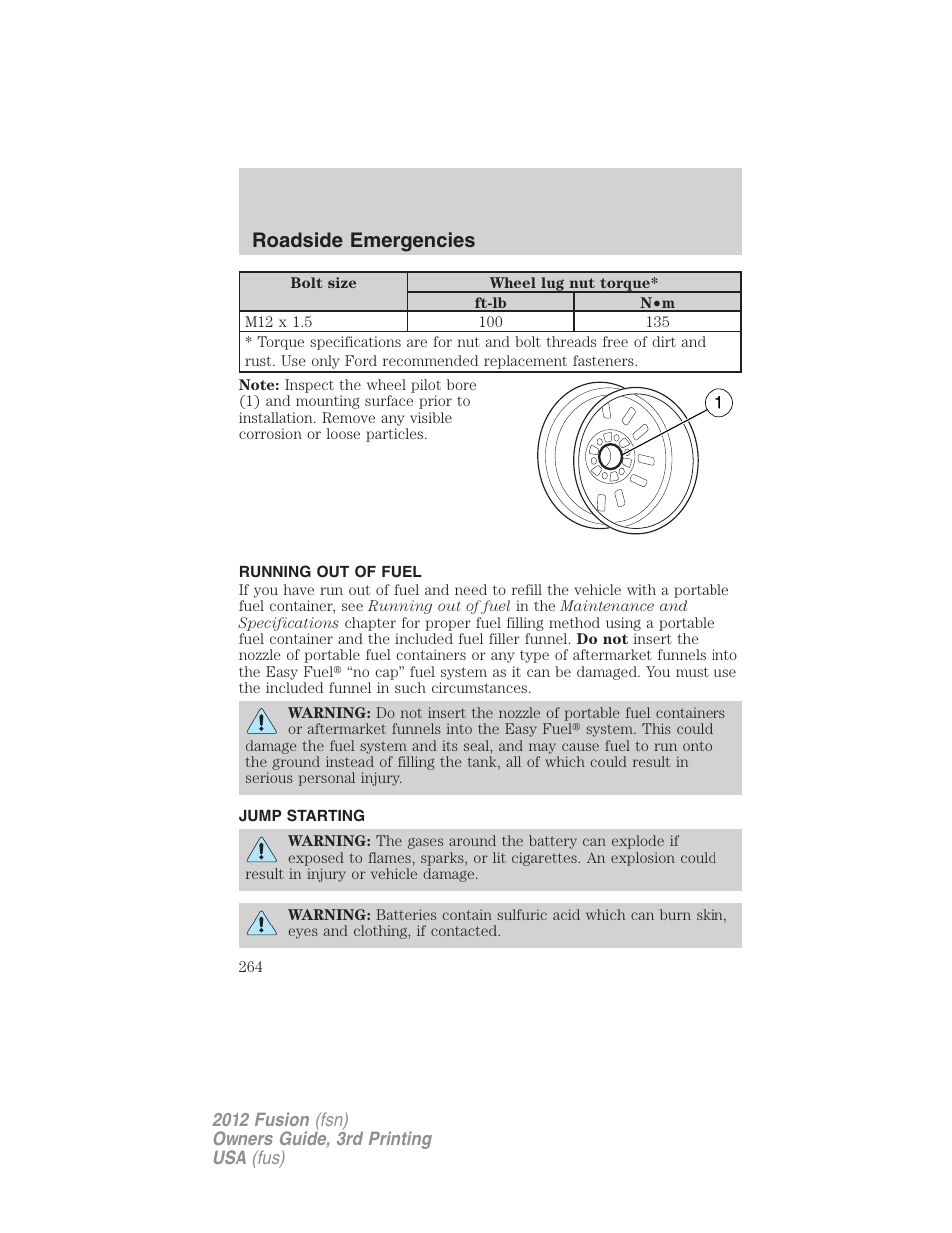 Running out of fuel, Jump starting, Roadside emergencies | FORD 2012 Fusion v.3 User Manual | Page 264 / 370