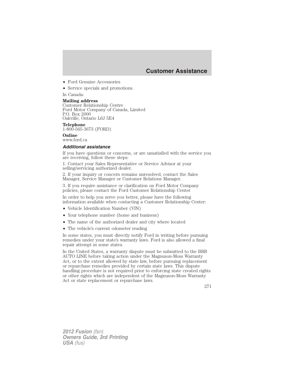 Additional assistance, Customer assistance | FORD 2012 Fusion v.3 User Manual | Page 271 / 370