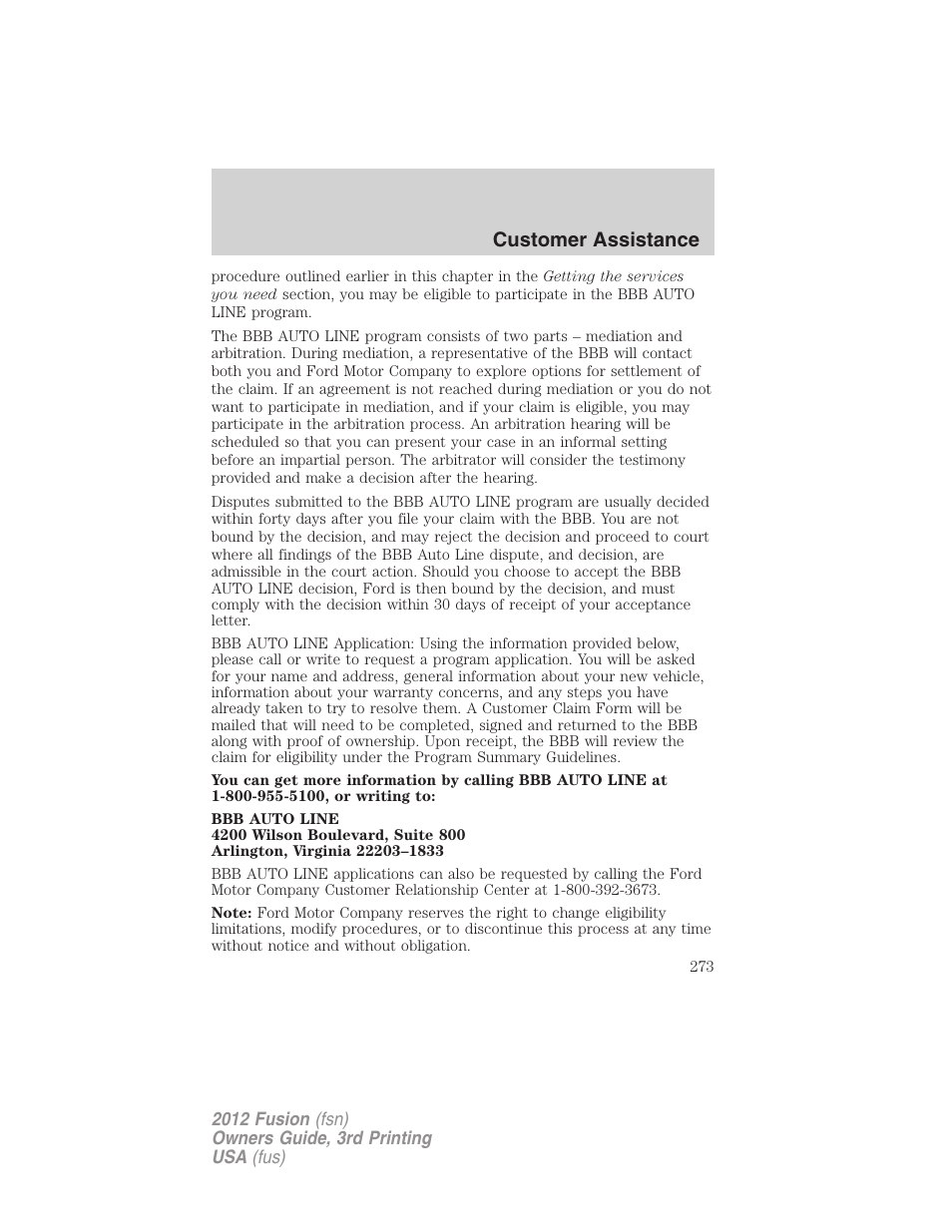 Customer assistance | FORD 2012 Fusion v.3 User Manual | Page 273 / 370