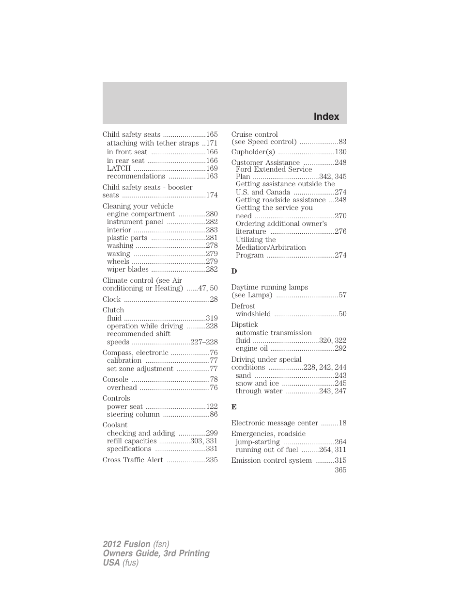 Index | FORD 2012 Fusion v.3 User Manual | Page 365 / 370
