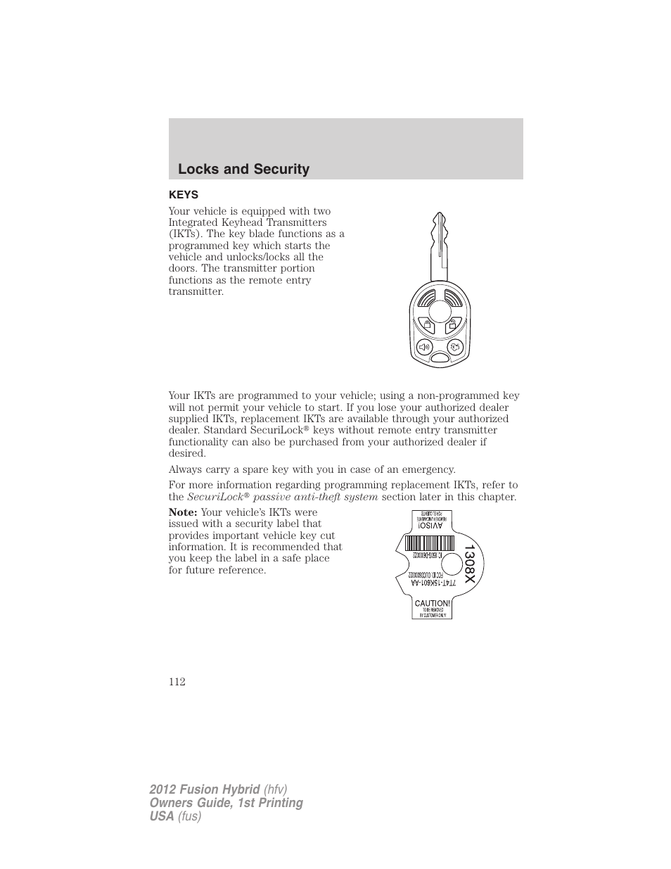 Locks and security, Keys | FORD 2012 Fusion Hybrid User Manual | Page 112 / 347