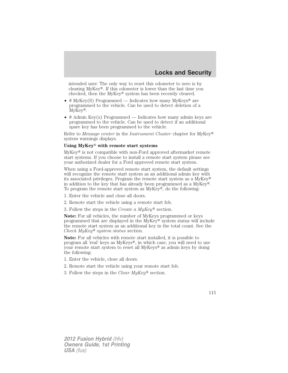 Locks and security | FORD 2012 Fusion Hybrid User Manual | Page 115 / 347