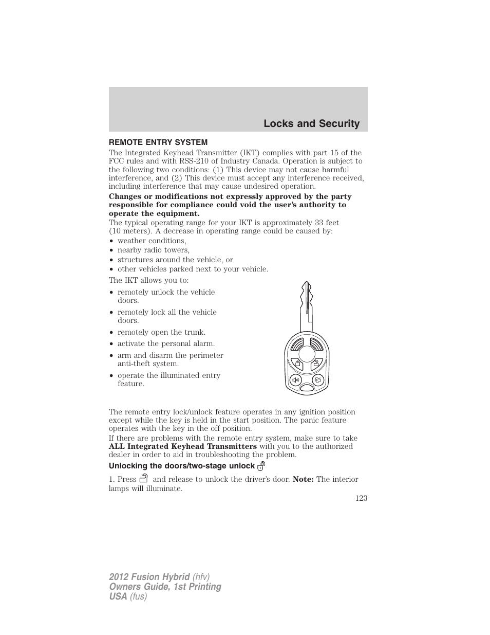 Remote entry system, Unlocking the doors/two-stage unlock, Locks and security | FORD 2012 Fusion Hybrid User Manual | Page 123 / 347