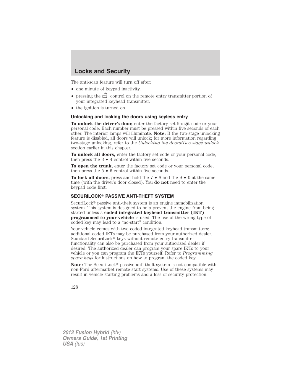 Securilock passive anti-theft system, Anti-theft system, Locks and security | FORD 2012 Fusion Hybrid User Manual | Page 128 / 347