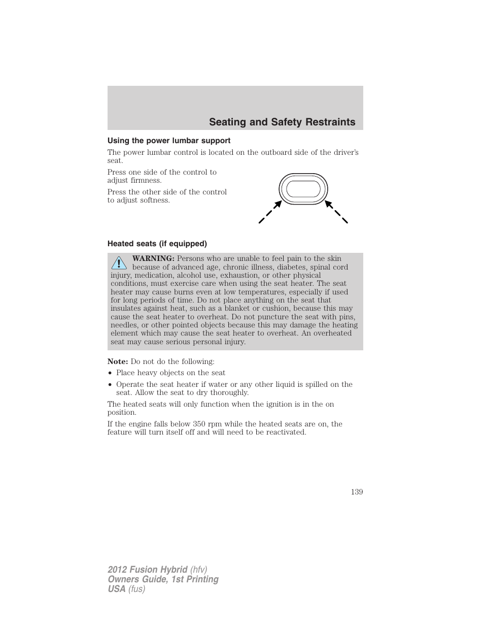 Using the power lumbar support, Heated seats (if equipped), Seating and safety restraints | FORD 2012 Fusion Hybrid User Manual | Page 139 / 347