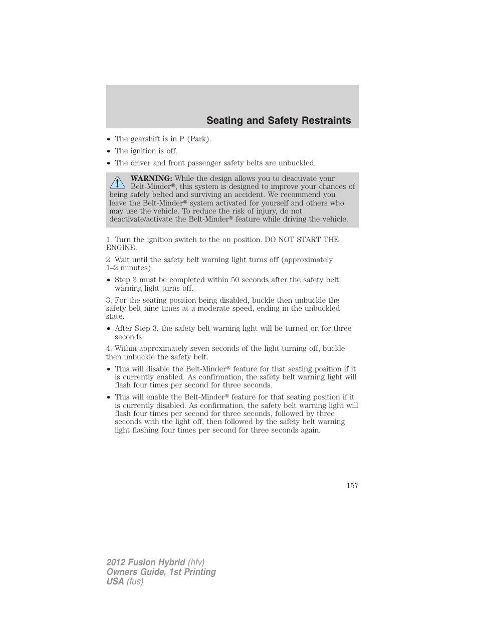 Seating and safety restraints | FORD 2012 Fusion Hybrid User Manual | Page 157 / 347