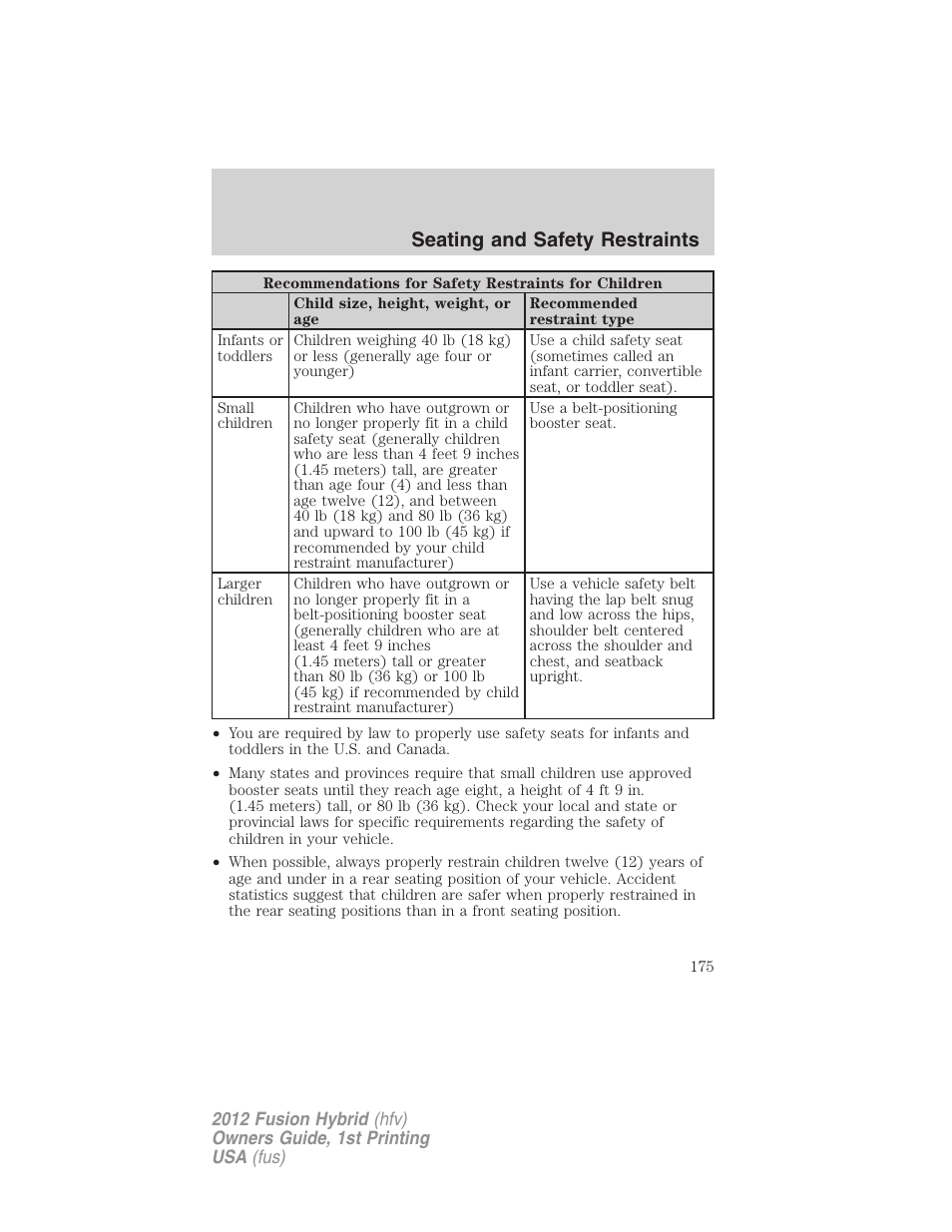 Seating and safety restraints | FORD 2012 Fusion Hybrid User Manual | Page 175 / 347