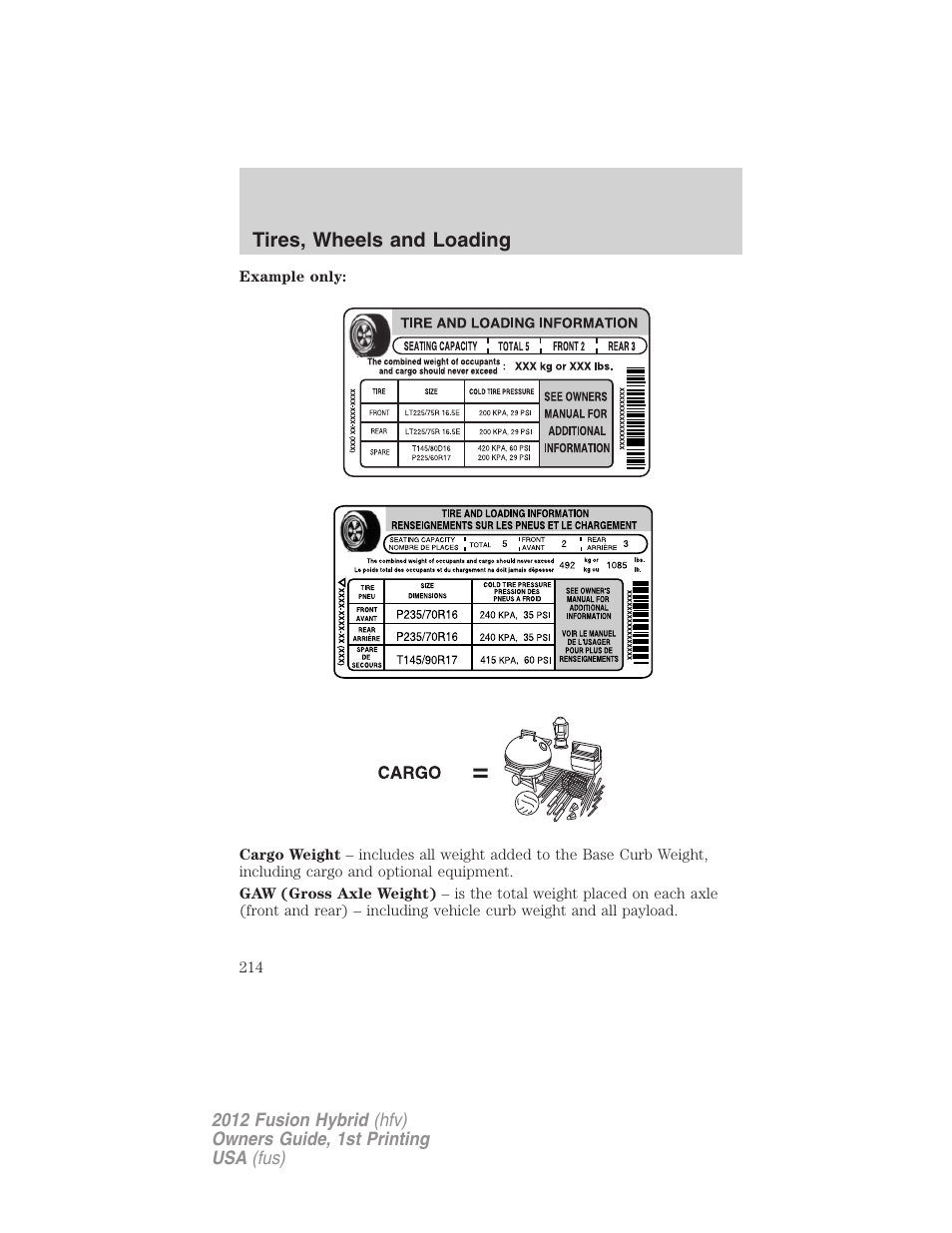 Tires, wheels and loading | FORD 2012 Fusion Hybrid User Manual | Page 214 / 347