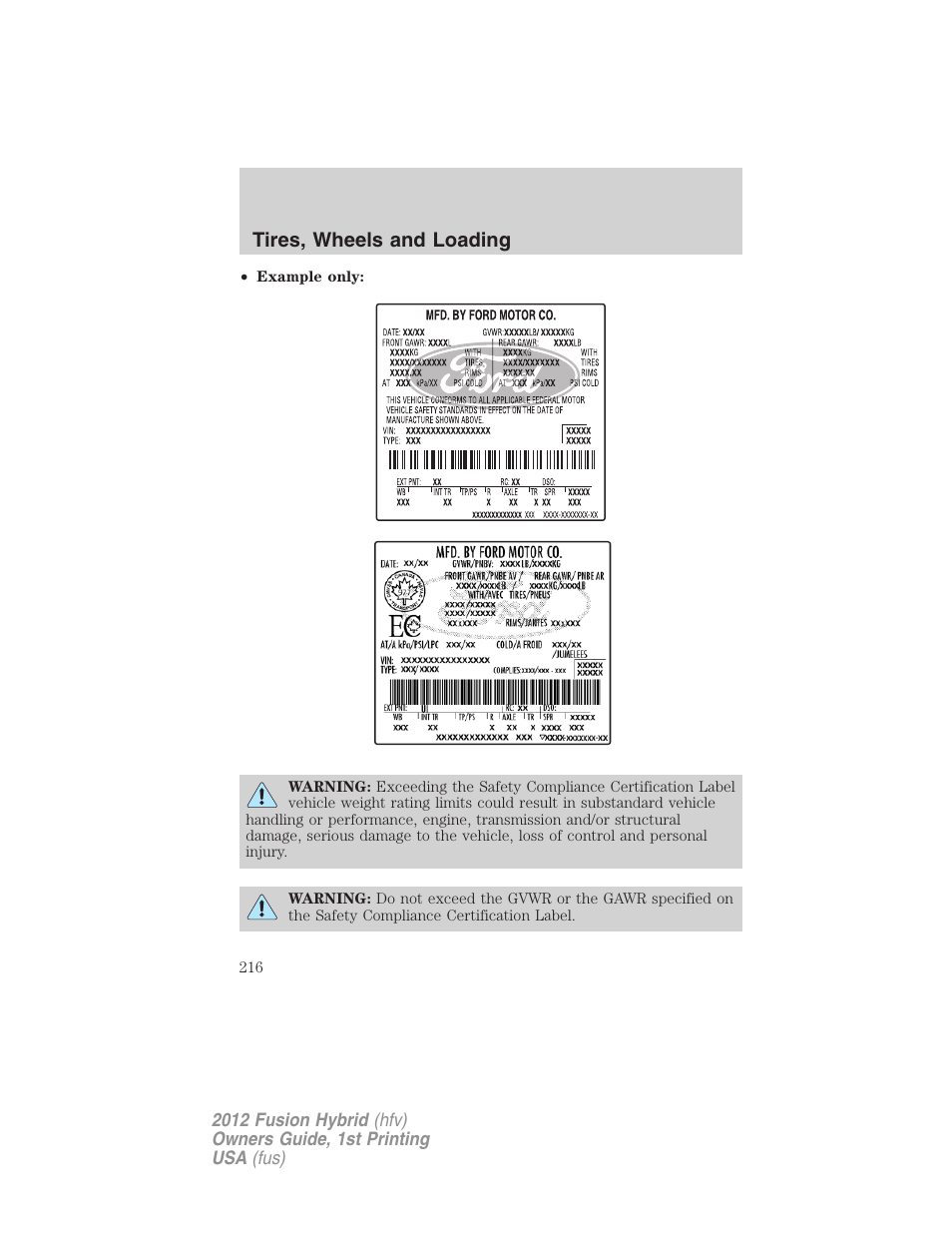 Tires, wheels and loading | FORD 2012 Fusion Hybrid User Manual | Page 216 / 347