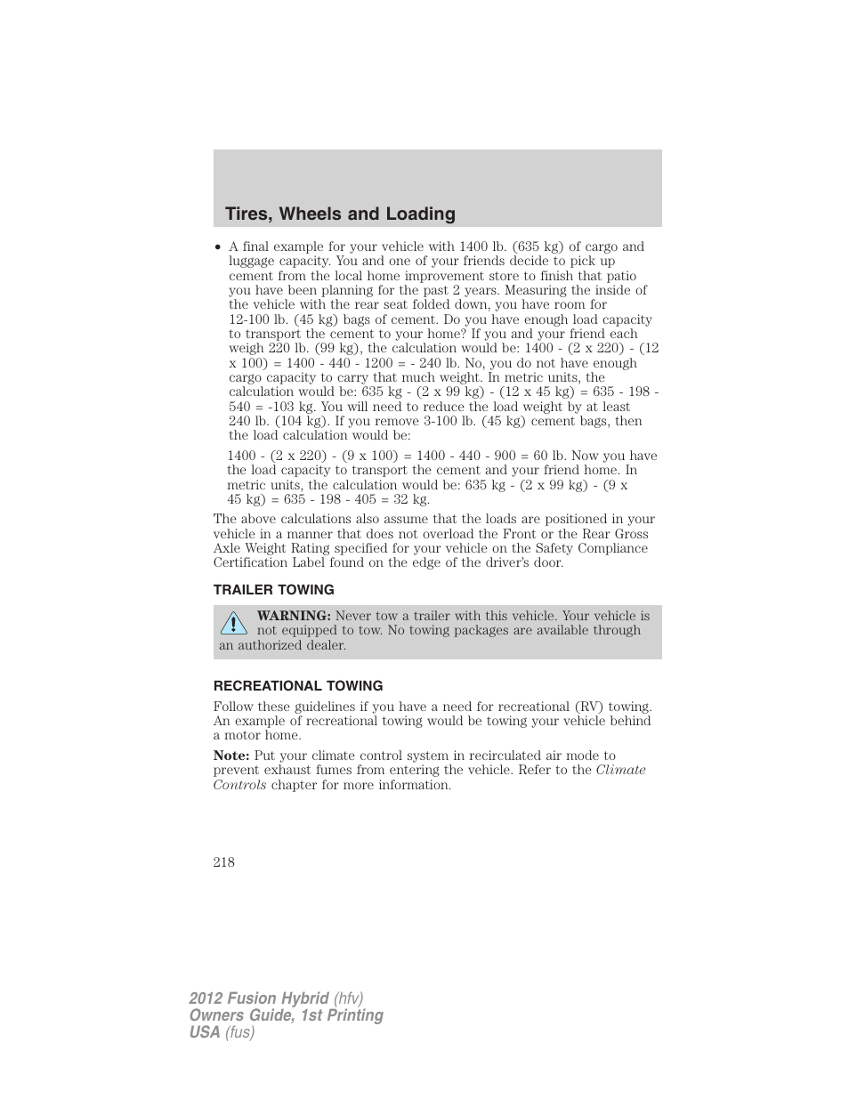 Trailer towing, Recreational towing, Tires, wheels and loading | FORD 2012 Fusion Hybrid User Manual | Page 218 / 347