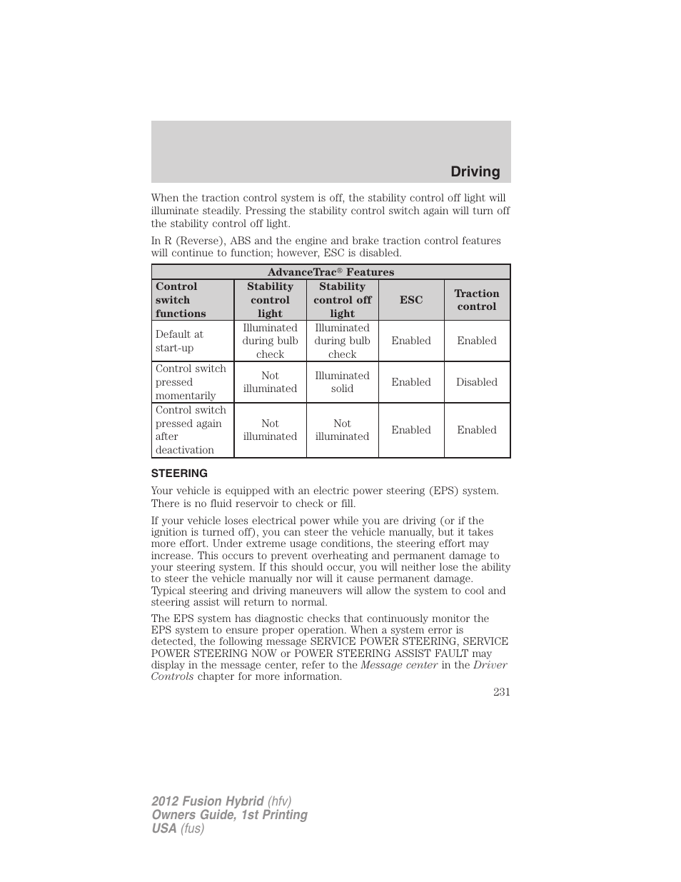 Steering, Driving | FORD 2012 Fusion Hybrid User Manual | Page 231 / 347