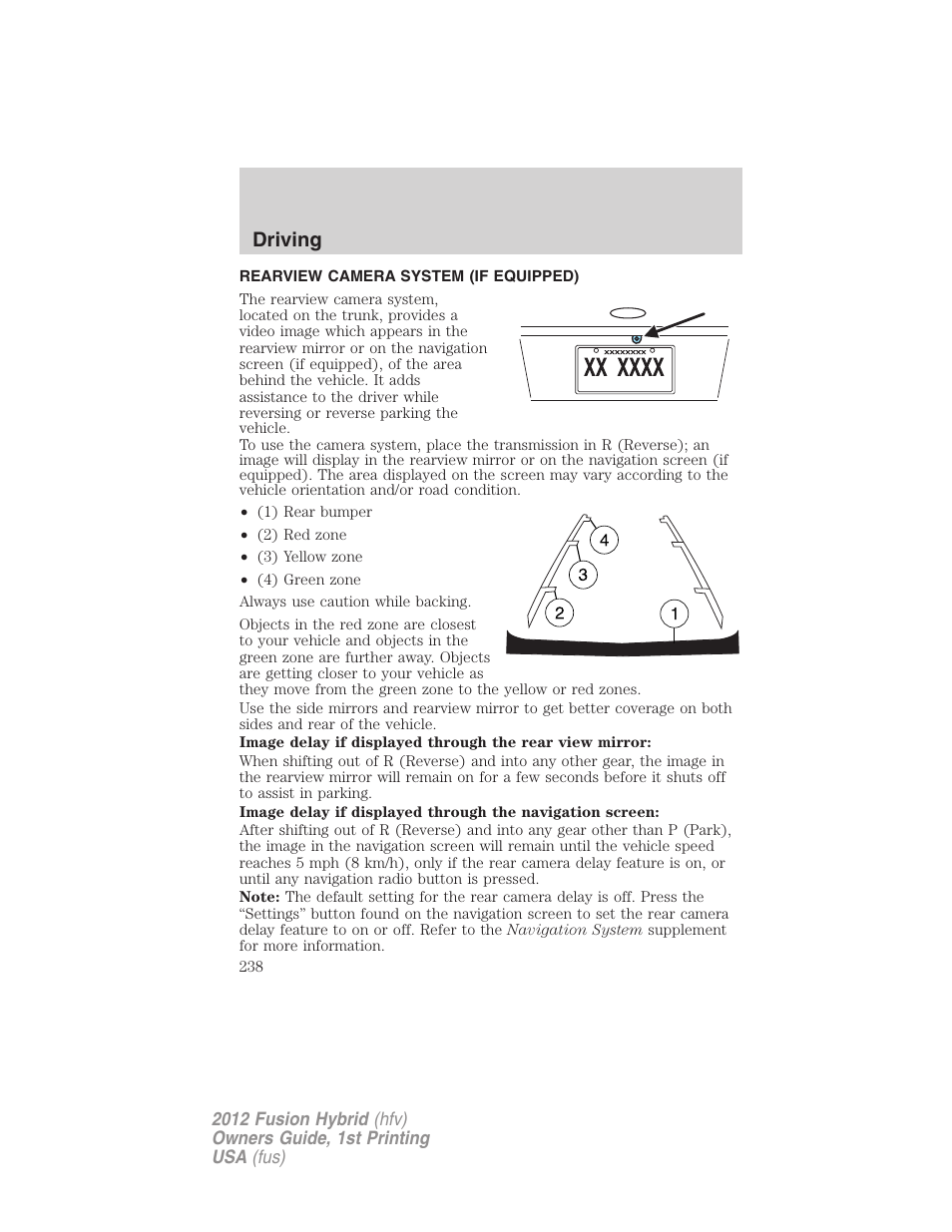 Rearview camera system (if equipped), Rear-view camera system, Driving | FORD 2012 Fusion Hybrid User Manual | Page 238 / 347