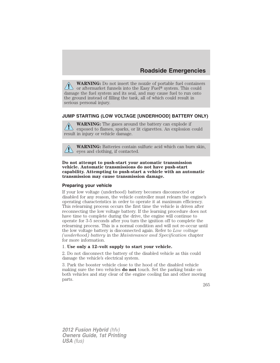 Preparing your vehicle, Jump starting, Roadside emergencies | FORD 2012 Fusion Hybrid User Manual | Page 265 / 347