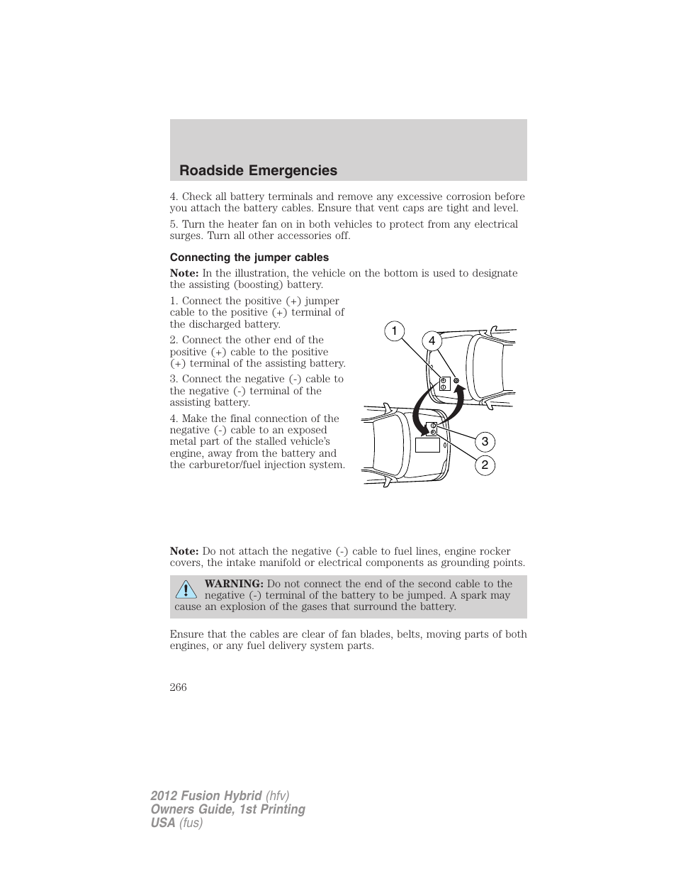 Connecting the jumper cables, Roadside emergencies | FORD 2012 Fusion Hybrid User Manual | Page 266 / 347