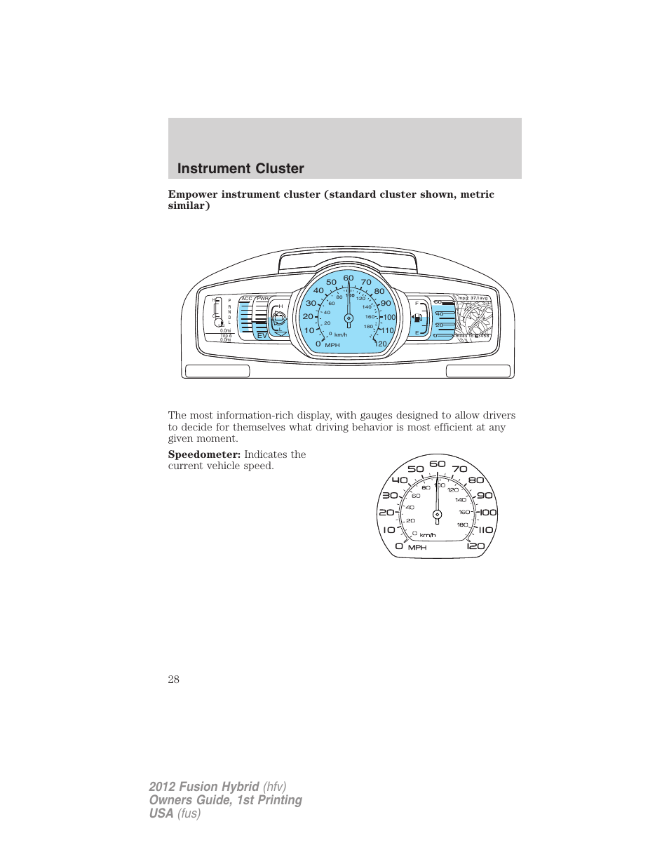 Instrument cluster | FORD 2012 Fusion Hybrid User Manual | Page 28 / 347