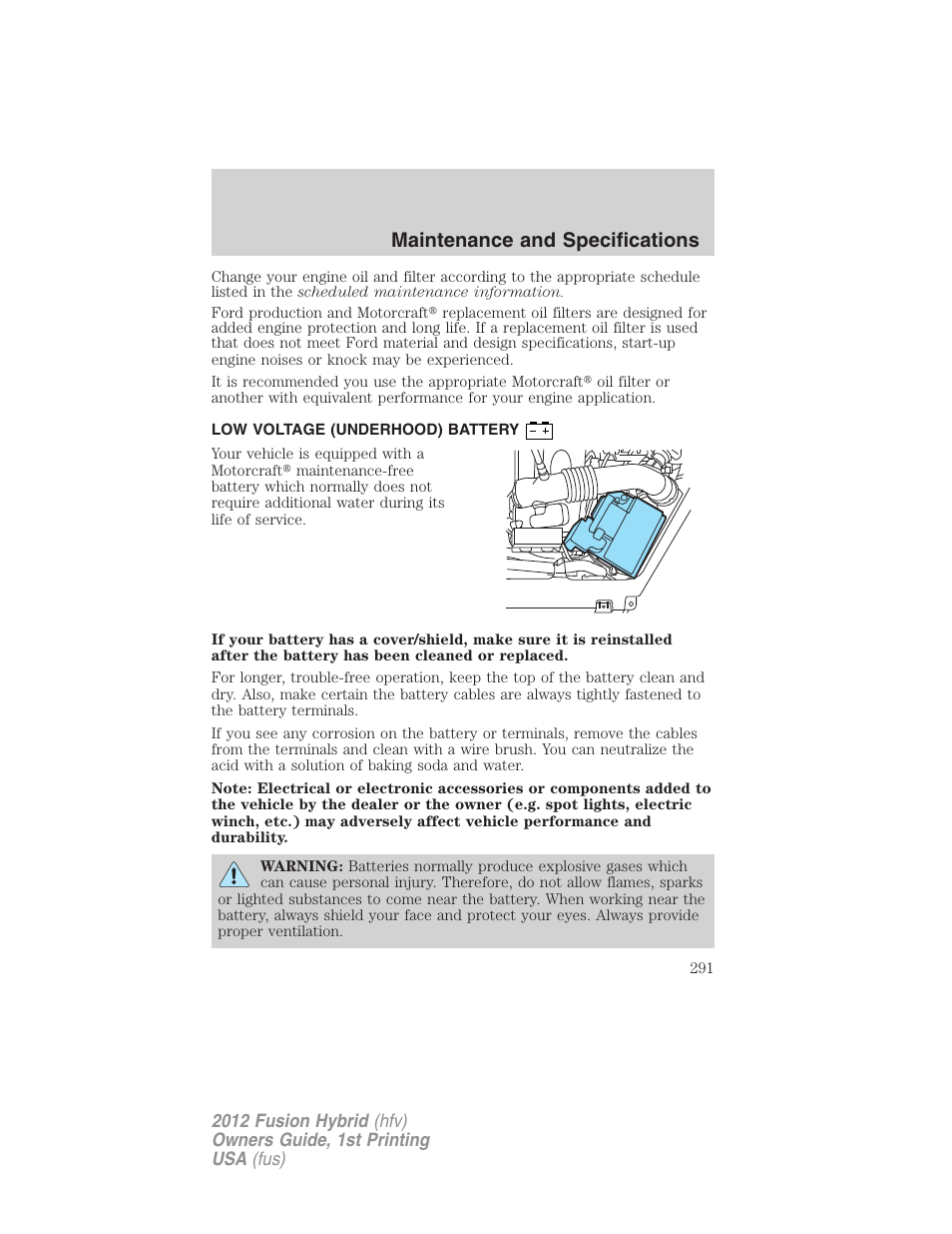Low voltage (underhood) battery, Battery, Maintenance and specifications | FORD 2012 Fusion Hybrid User Manual | Page 291 / 347
