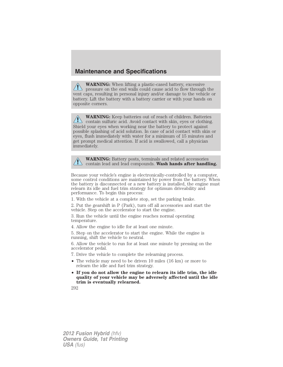 Maintenance and specifications | FORD 2012 Fusion Hybrid User Manual | Page 292 / 347