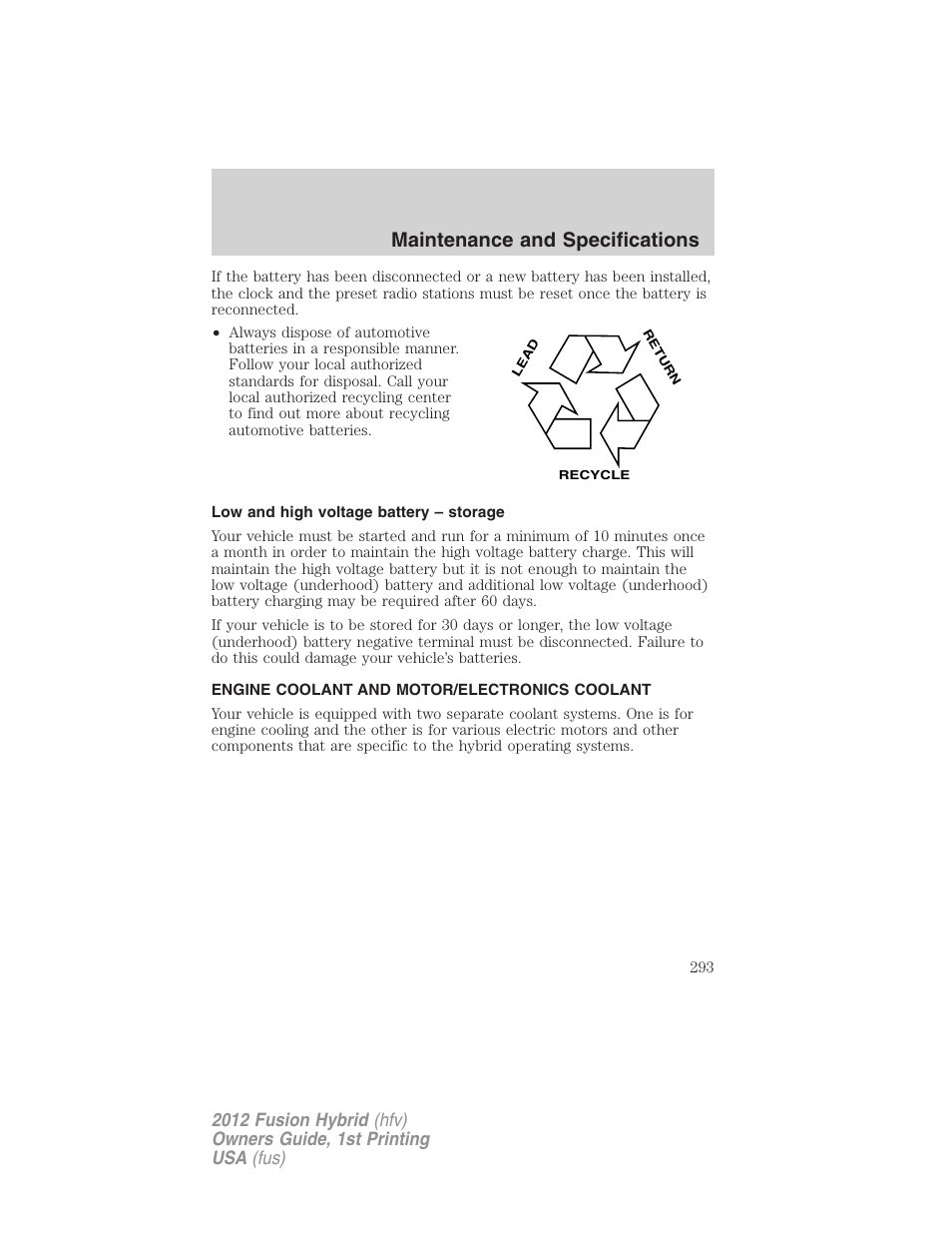 Low and high voltage battery – storage, Engine coolant and motor/electronics coolant, Maintenance and specifications | FORD 2012 Fusion Hybrid User Manual | Page 293 / 347