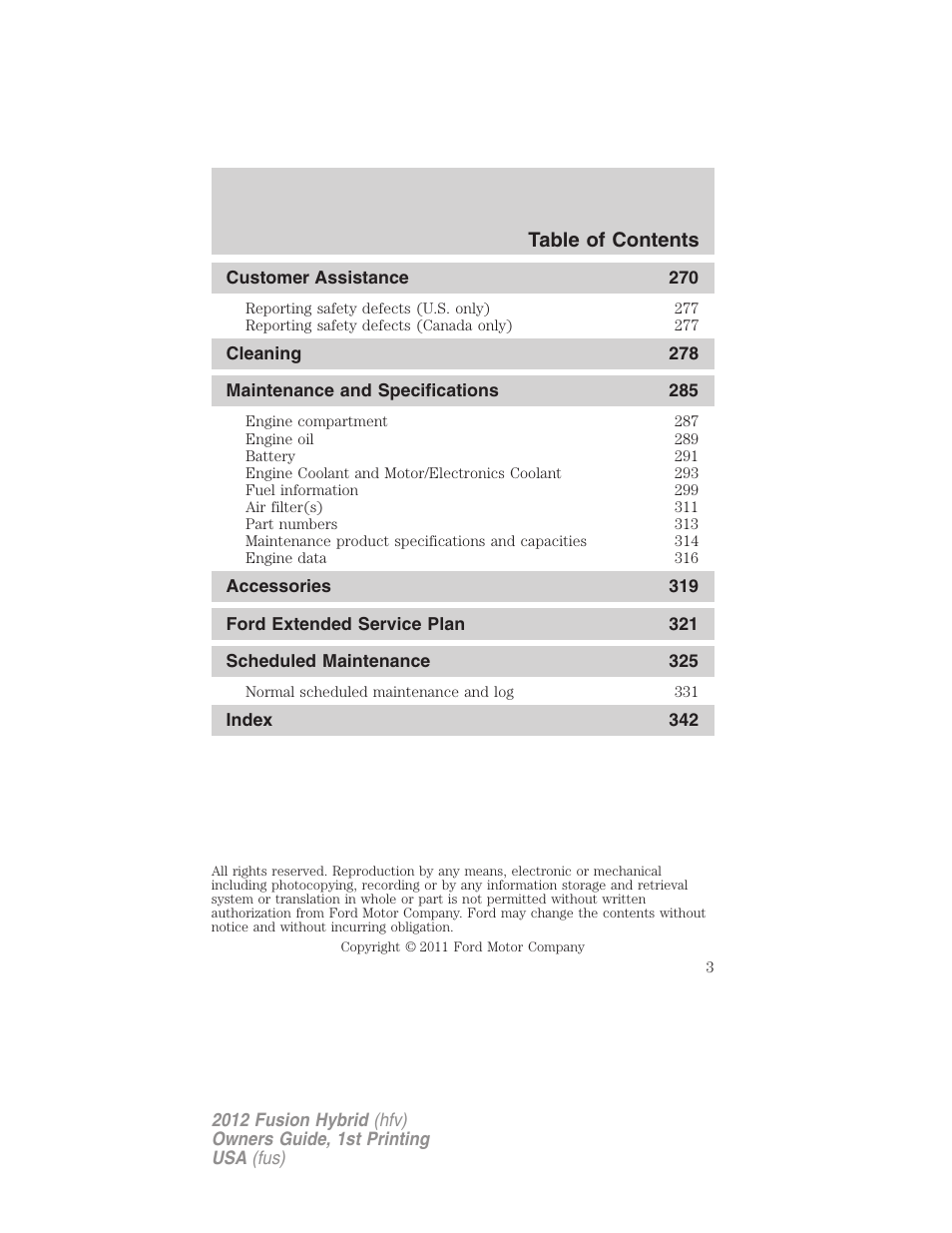FORD 2012 Fusion Hybrid User Manual | Page 3 / 347