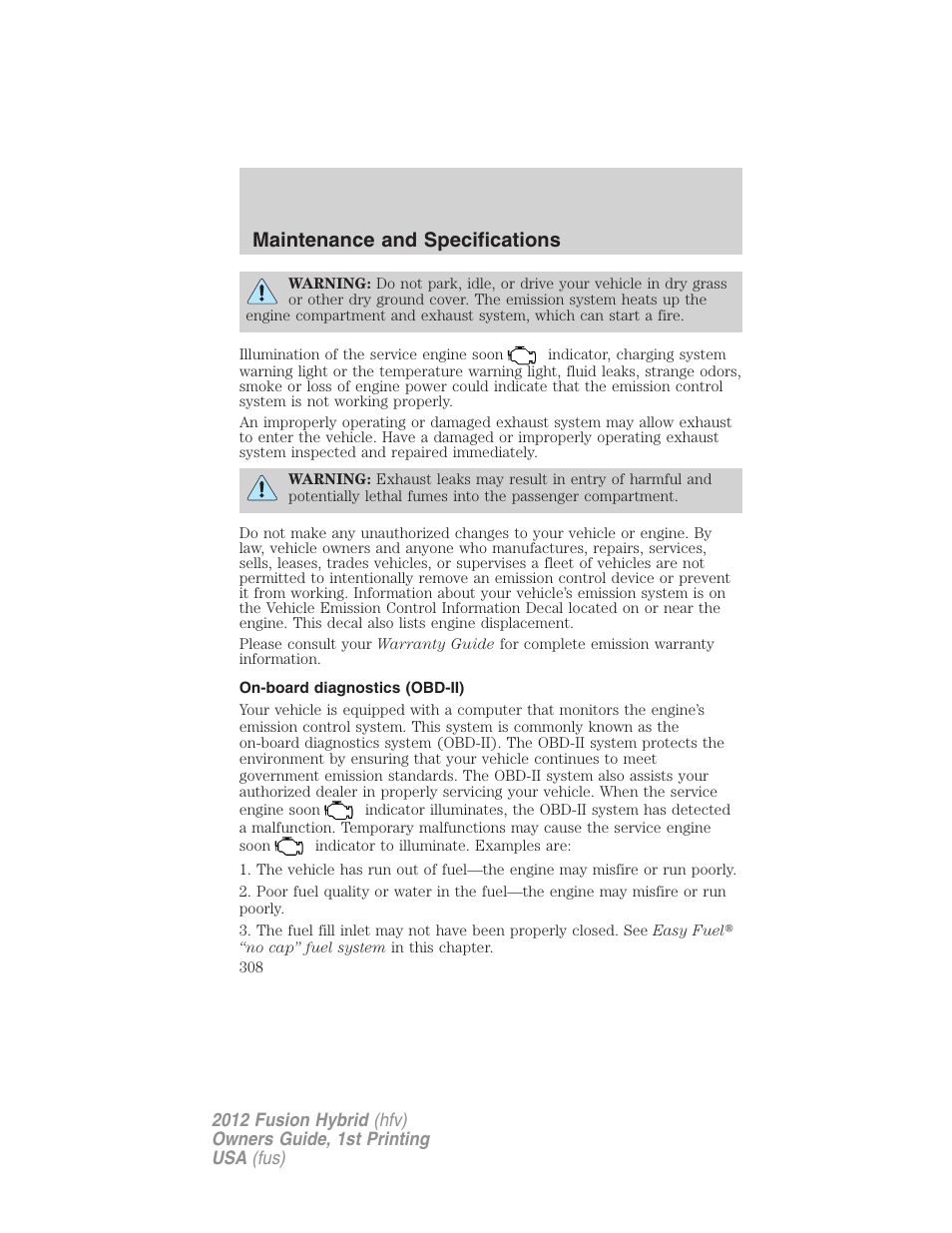 On-board diagnostics (obd-ii), Maintenance and specifications | FORD 2012 Fusion Hybrid User Manual | Page 308 / 347