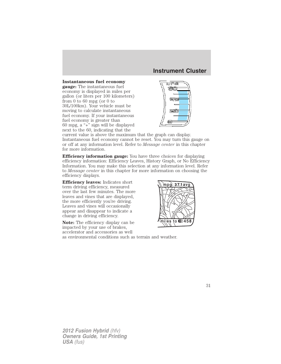 Instrument cluster | FORD 2012 Fusion Hybrid User Manual | Page 31 / 347