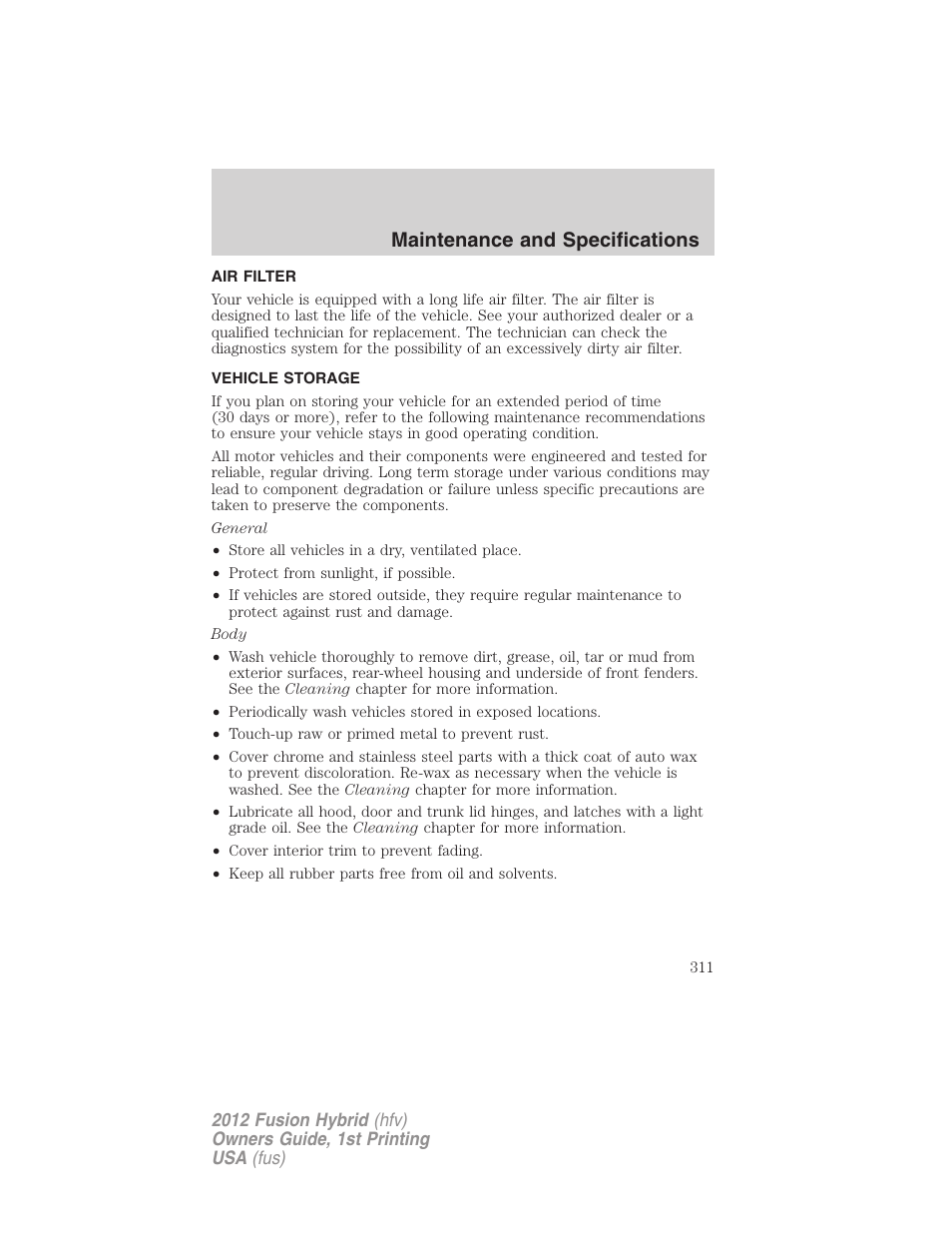 Air filter, Vehicle storage, Air filter(s) | Maintenance and specifications | FORD 2012 Fusion Hybrid User Manual | Page 311 / 347