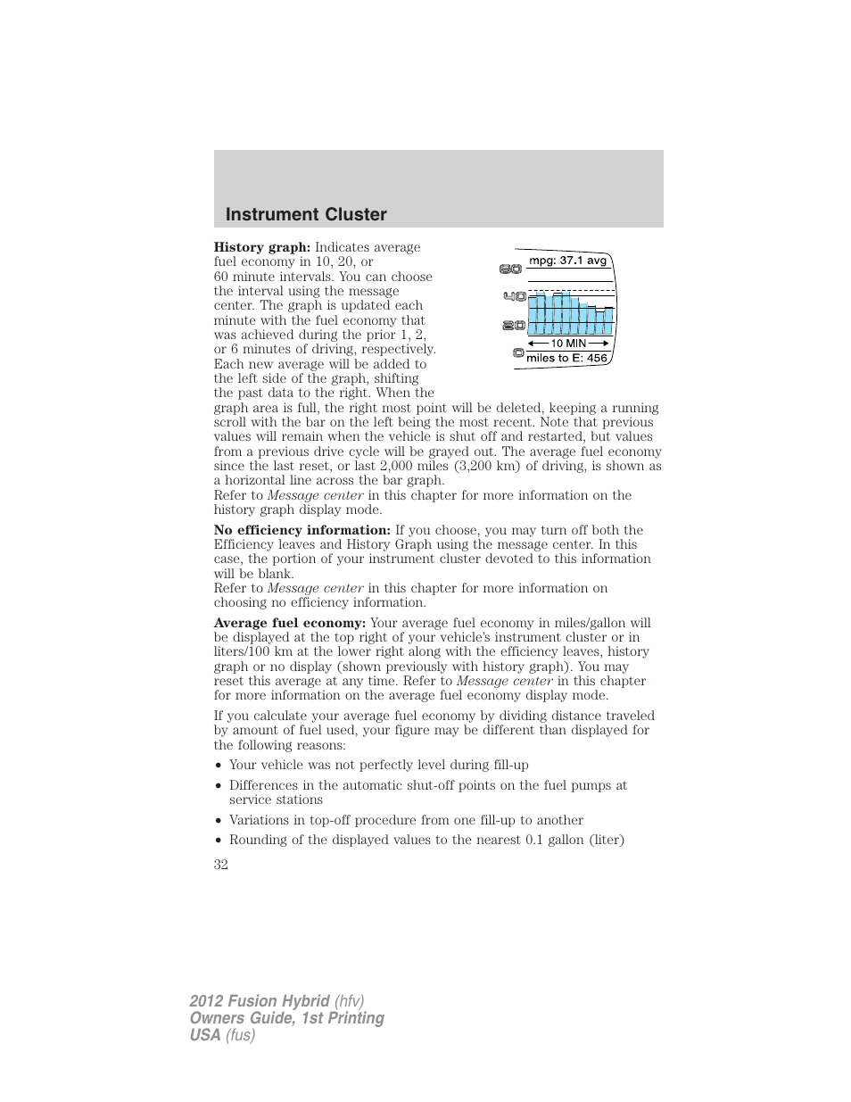 Instrument cluster | FORD 2012 Fusion Hybrid User Manual | Page 32 / 347