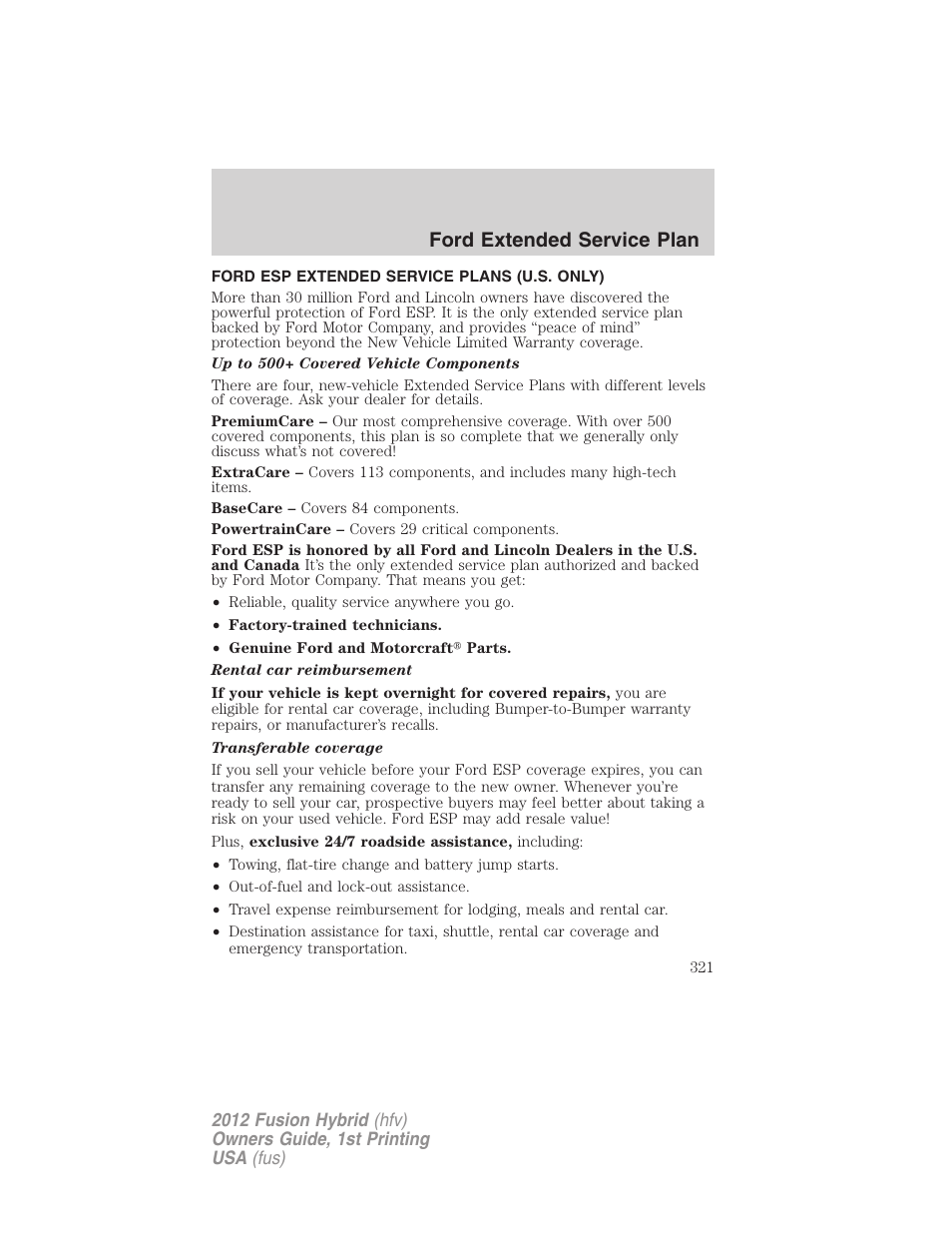 Ford extended service plan, Ford esp extended service plans (u.s. only) | FORD 2012 Fusion Hybrid User Manual | Page 321 / 347