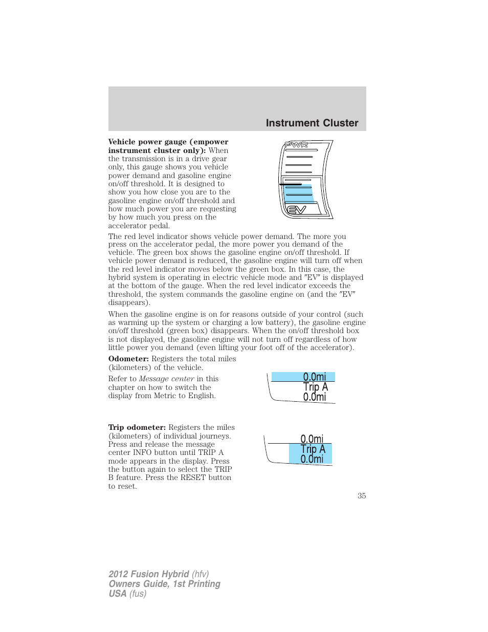 Instrument cluster | FORD 2012 Fusion Hybrid User Manual | Page 35 / 347