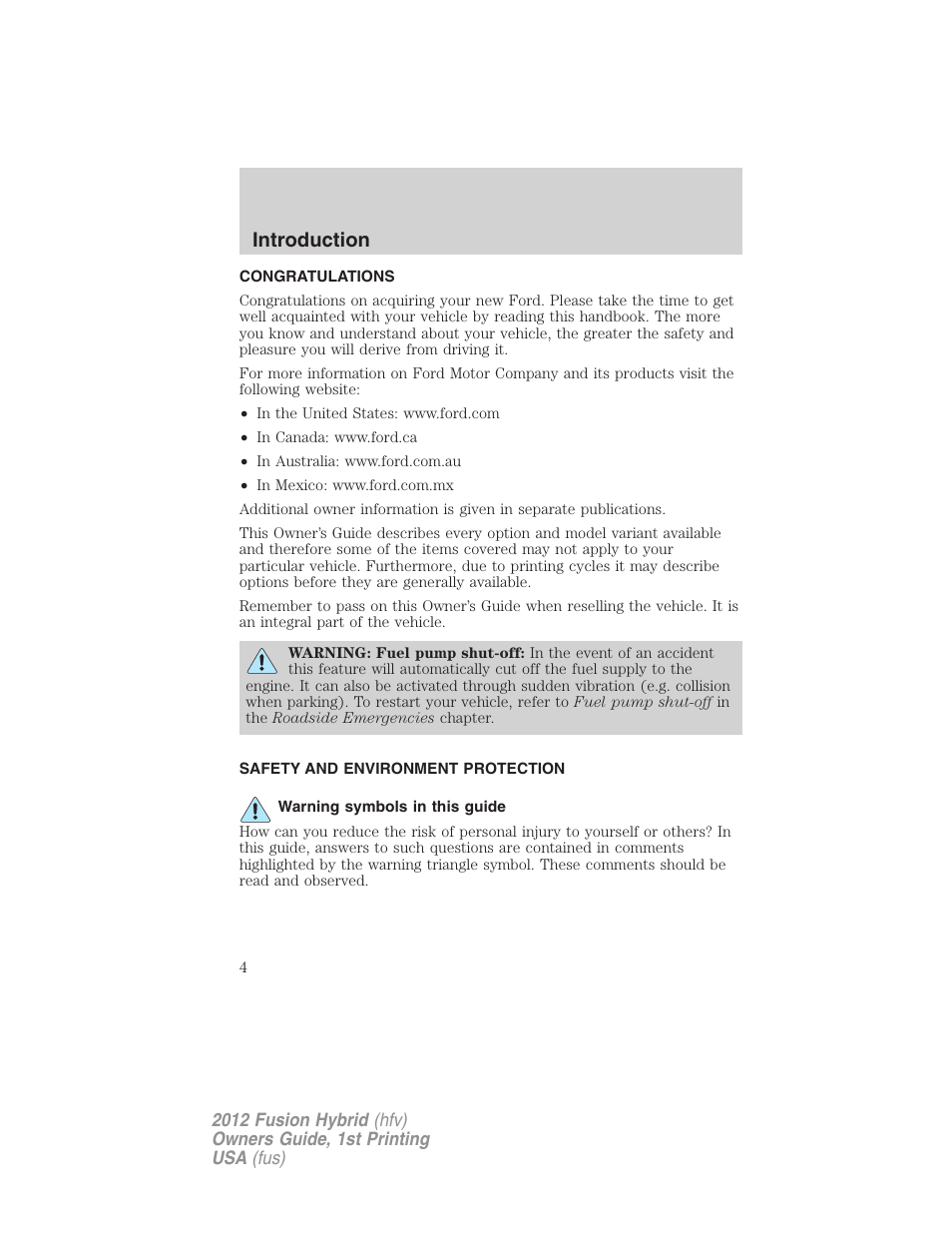 Introduction, Congratulations, Safety and environment protection | Warning symbols in this guide | FORD 2012 Fusion Hybrid User Manual | Page 4 / 347